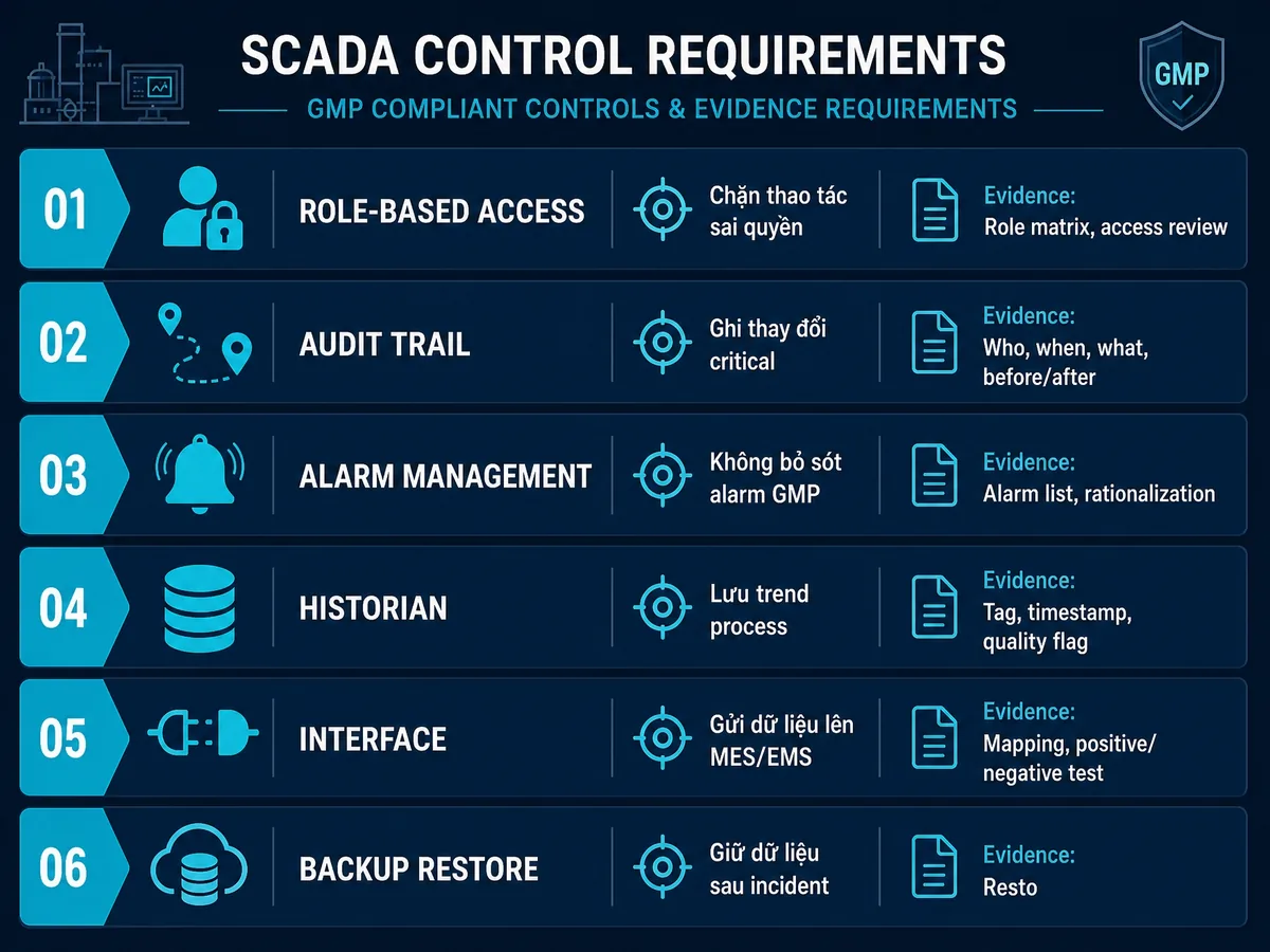 Sáu control quan trọng cho SCADA GMP: role-based access, audit trail, alarm management, historian, interface, backup restore
