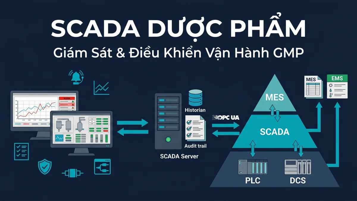 SCADA dược phẩm ISA-95 Level 2 với HMI giám sát, alarm management, historian và interface OPC UA đến MES/EMS