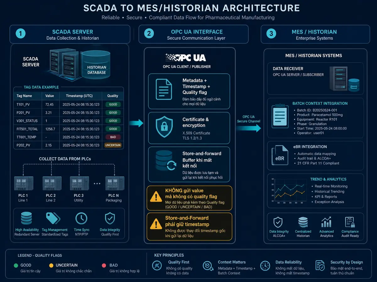 Kiến trúc interface SCADA-MES/Historian qua OPC UA với quality flag, timestamp và store-and-forward mechanism
