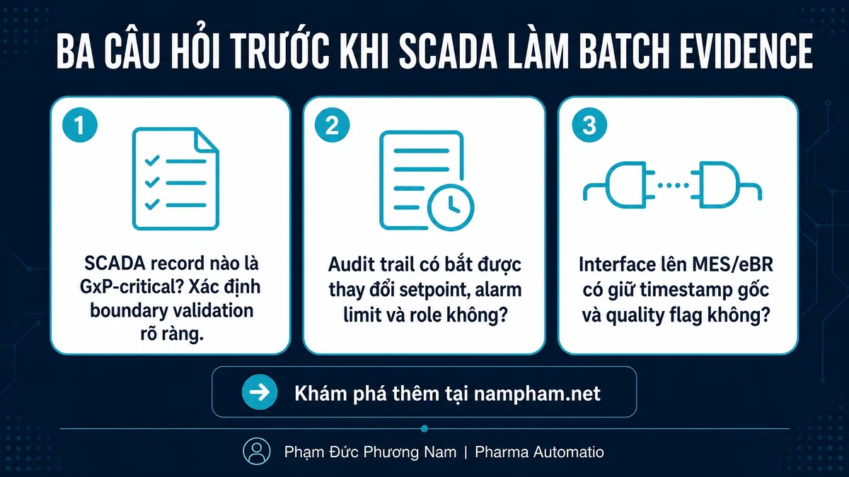 Ba câu hỏi then chốt trước khi dùng SCADA làm batch evidence: GxP boundary, audit trail coverage, interface quality