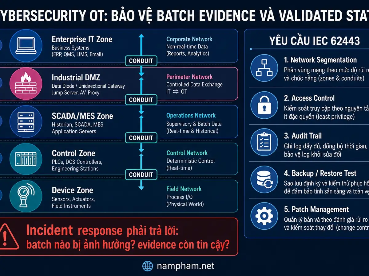 Cybersecurity OT Pharma 4.0 – zone-conduit architecture IEC 62443, bảo vệ batch evidence và validated state