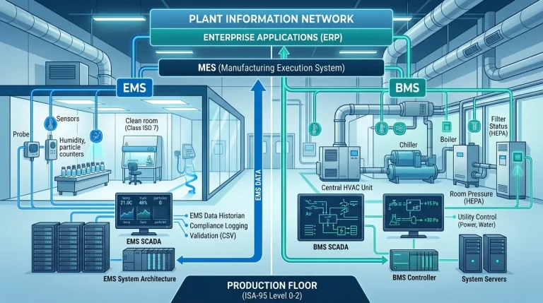 Hình minh họa: kiến trúc EMS tách biệt BMS trong nhà máy dược — hai đường dữ liệu độc lập