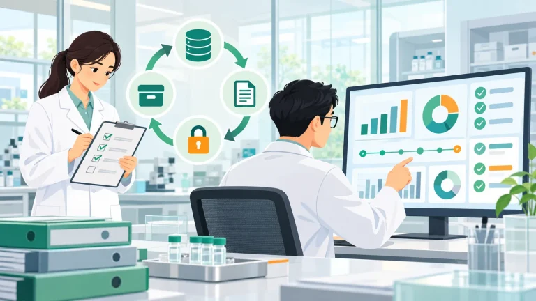 Hình minh họa: chuyên viên QA đánh dấu checklist tự đánh giá và rà soát dashboard audit trail trước thanh tra GMP, kèm vòng đ